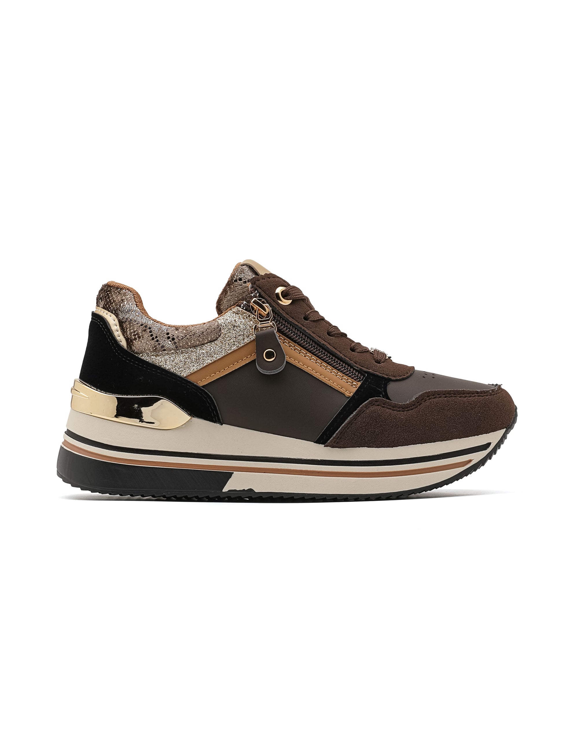 Sneaker bassa in ecopelle scamosciata in nuovi toni autunnali con dettagli metallici dorati, zip laterale, suola spesso a righe.

Dettagli prodotto
• Made in China
• Materiali: Vegano (Materiali sintetici)