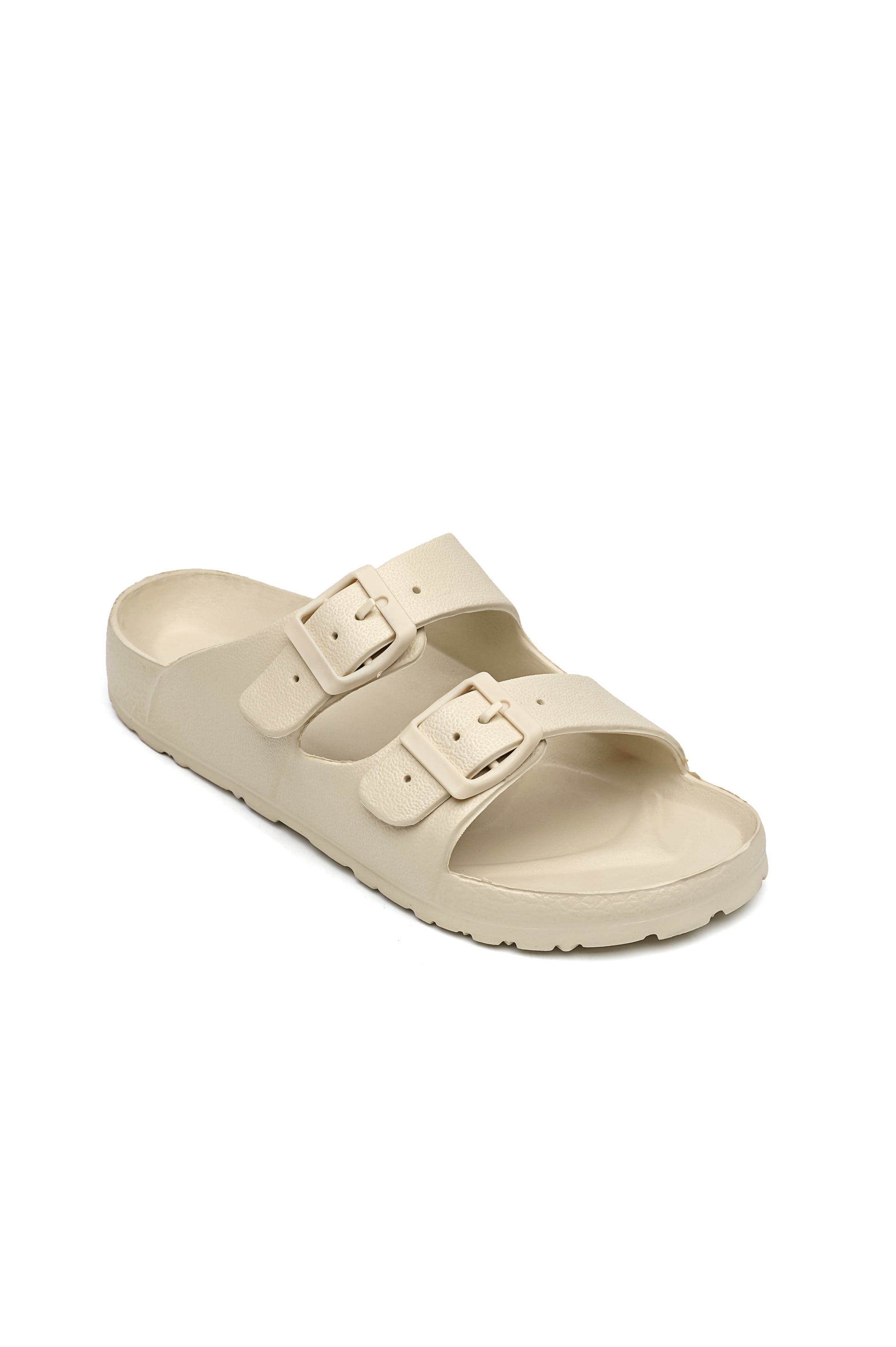 Ciabatta ISABAC beige: sandalo slip-on con doppia fascia regolabile tramite fibbie metalliche, suola testurizzata antiscivolo.