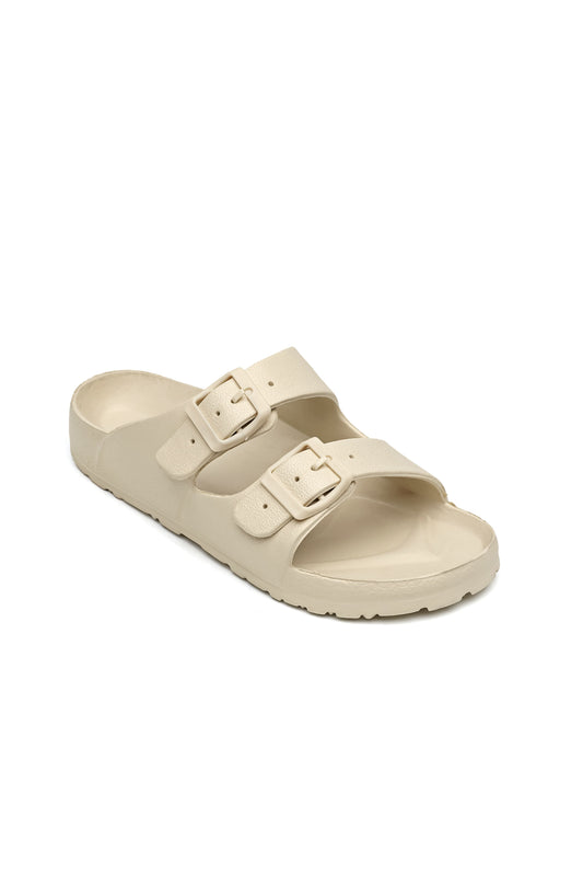 Ciabatta ISABAC beige: sandalo slip-on con doppia fascia regolabile tramite fibbie metalliche, suola testurizzata antiscivolo.