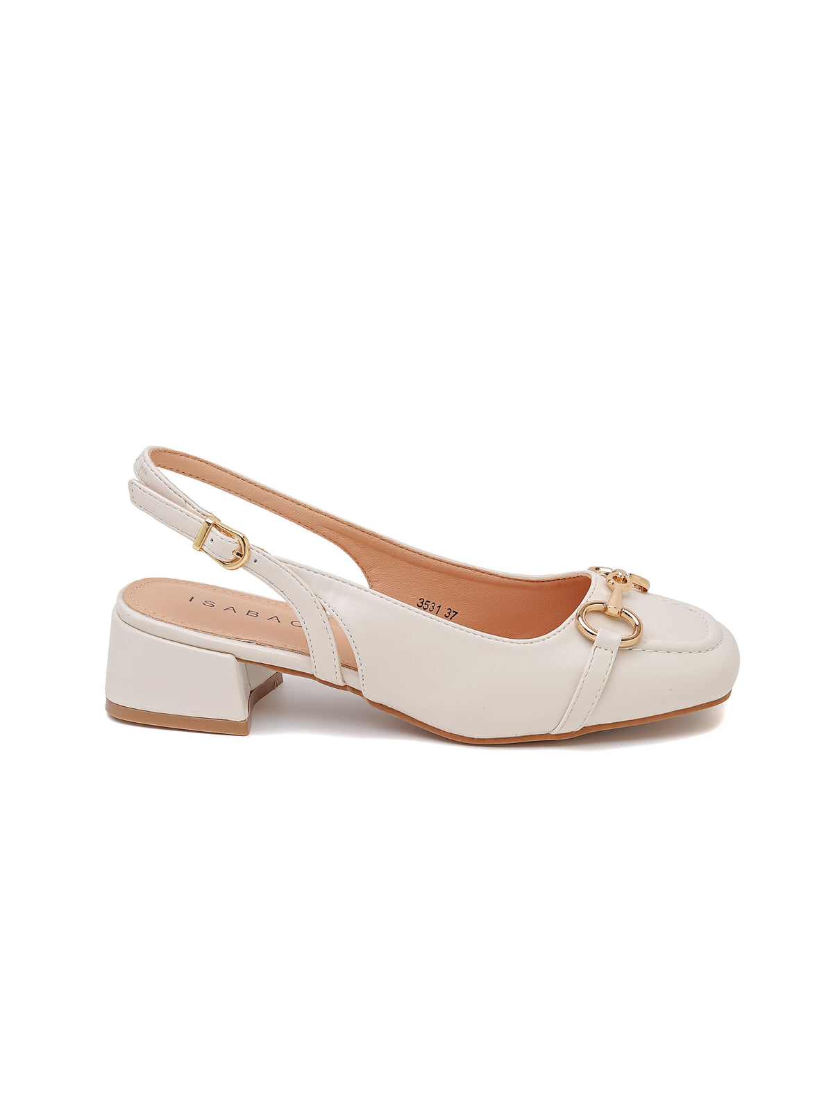 Scarpa slingback ISABAC classica, caratterizzata da tacco basso, dettaglio fibbia dorata e design a punta quadrata.